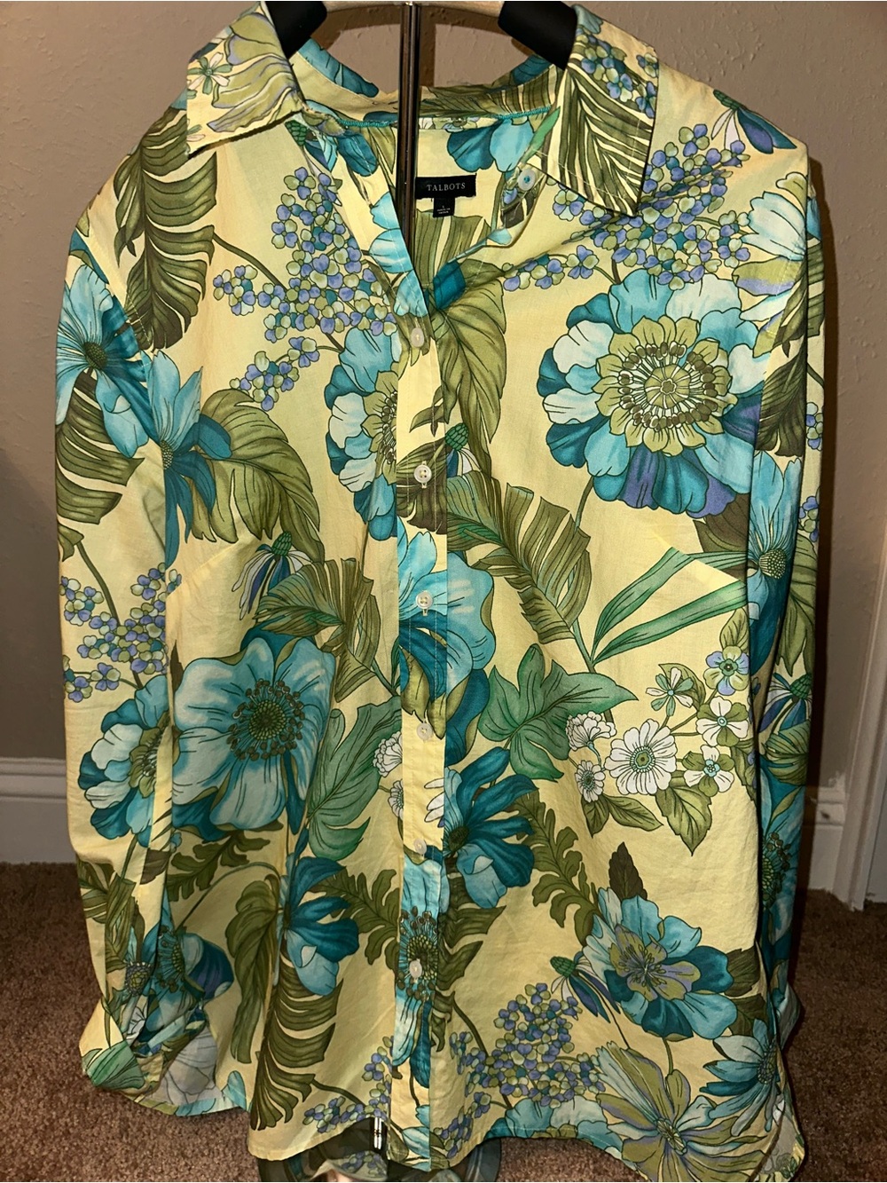 Cotton Talbots Chartreuse Floral Button Up Shirt